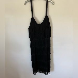 1920s Black Fringe Flapper Dress / Size L / Halloween